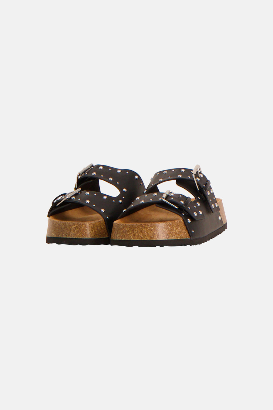 Sandales noires ONLY, avec doubles brides à boucles argentées et clous, sur une semelle en liège.