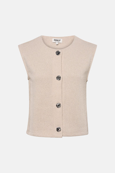 Beige gilet van ONLY, met decoratieve knopen en een geweven textuur.
