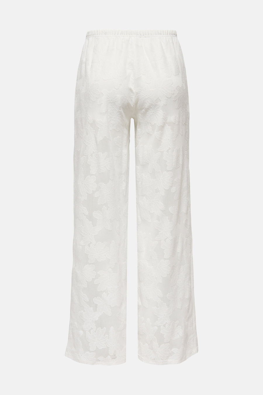 Witte broek van ONLY, met een bloemenpatroon in kanttextuur.
