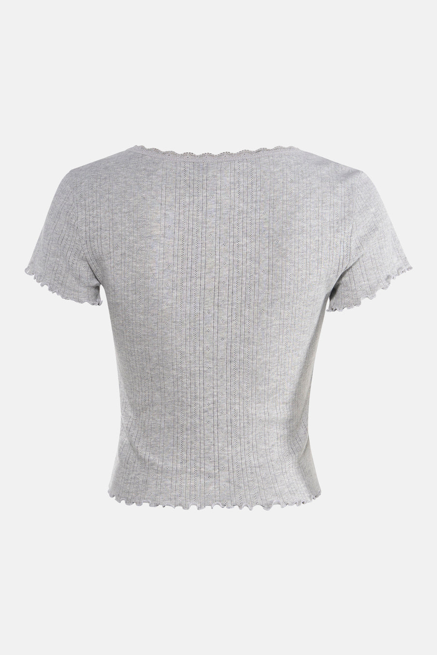 Grijs T-shirt van ONLY®, met korte mouwen en een ribgebreide textuur, en een kanten rand.
