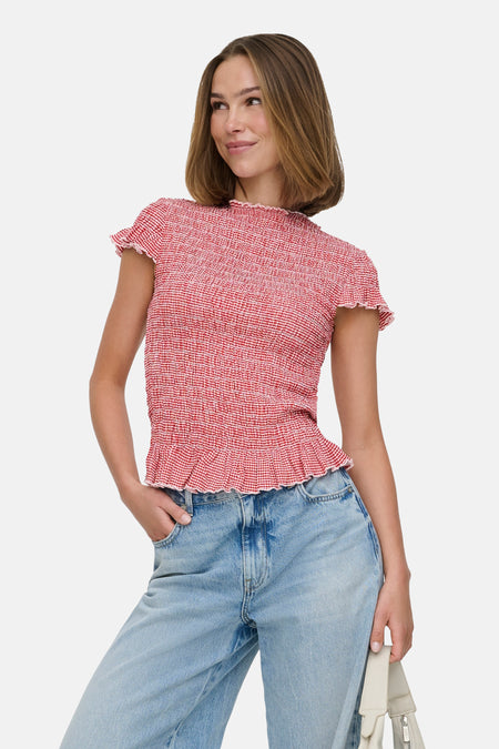 T-shirt rouge à manches courtes ONLY, avec un motif à carreaux vichy et un détail plissé.