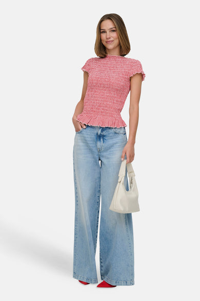 Rode T-shirt met korte mouwen van ONLY, met een gingham ruitmotief en een geplooid detail.