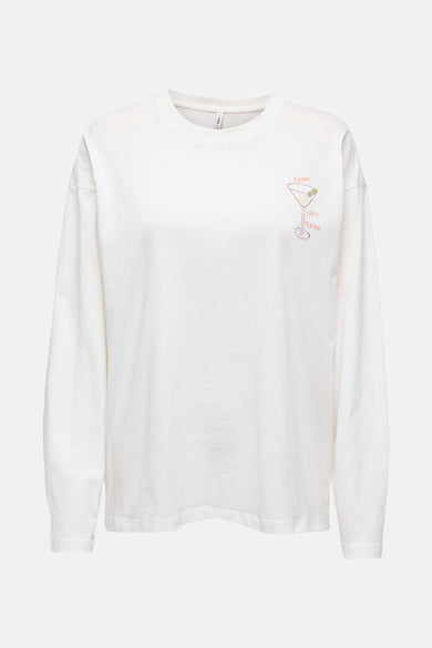 T-shirt blanc à manches longues de ONLY, avec une petite impression d'un verre de cocktail.