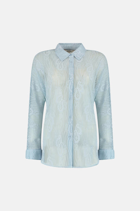 Blauw hemd van ONLY met lange mouwen en een delicate kanten paisley patroon.
