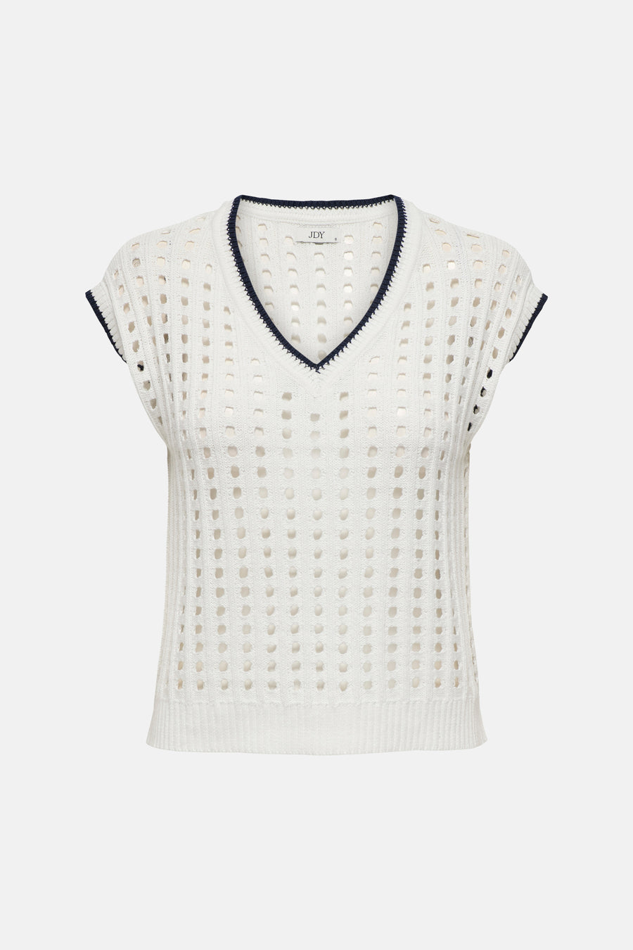 Wit mouwloos gilet van JDY met V-hals, navyblauwe bies en geperforeerd breisel.