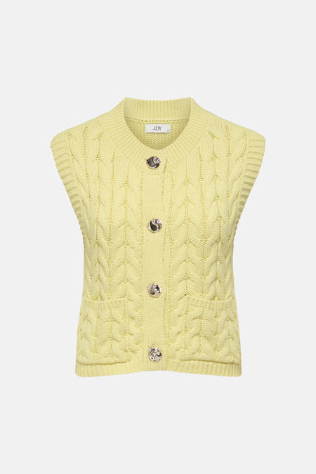 Gele mouwloze cardigan van JDY, met kabelpatroon, knoopsluiting en zakken.
