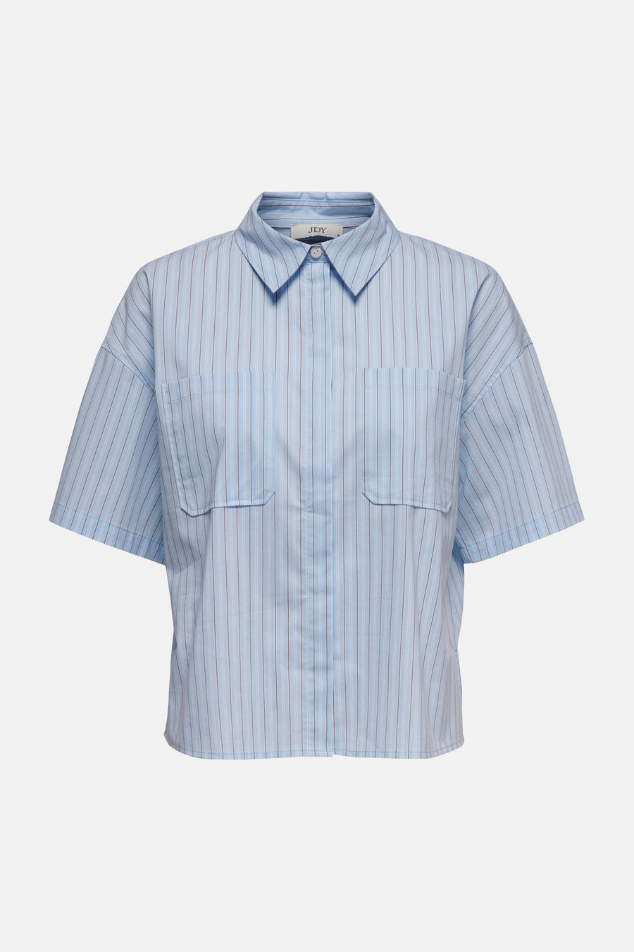 Blauw gestreept overhemd met korte mouwen van JDY, met twee borstzakken en een klassieke kraag.