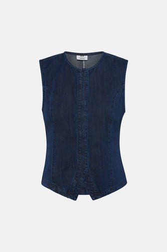Blouse sans manches en denim bleu foncé de JDY avec col rond, coutures verticales et petites fentes à l'avant.