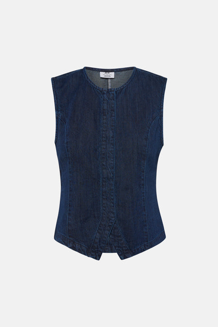 Donkerblauwe denim mouwloze blouse van JDY met ronde hals, verticale pasnaden en kleine splitjes aan de voorzijde.