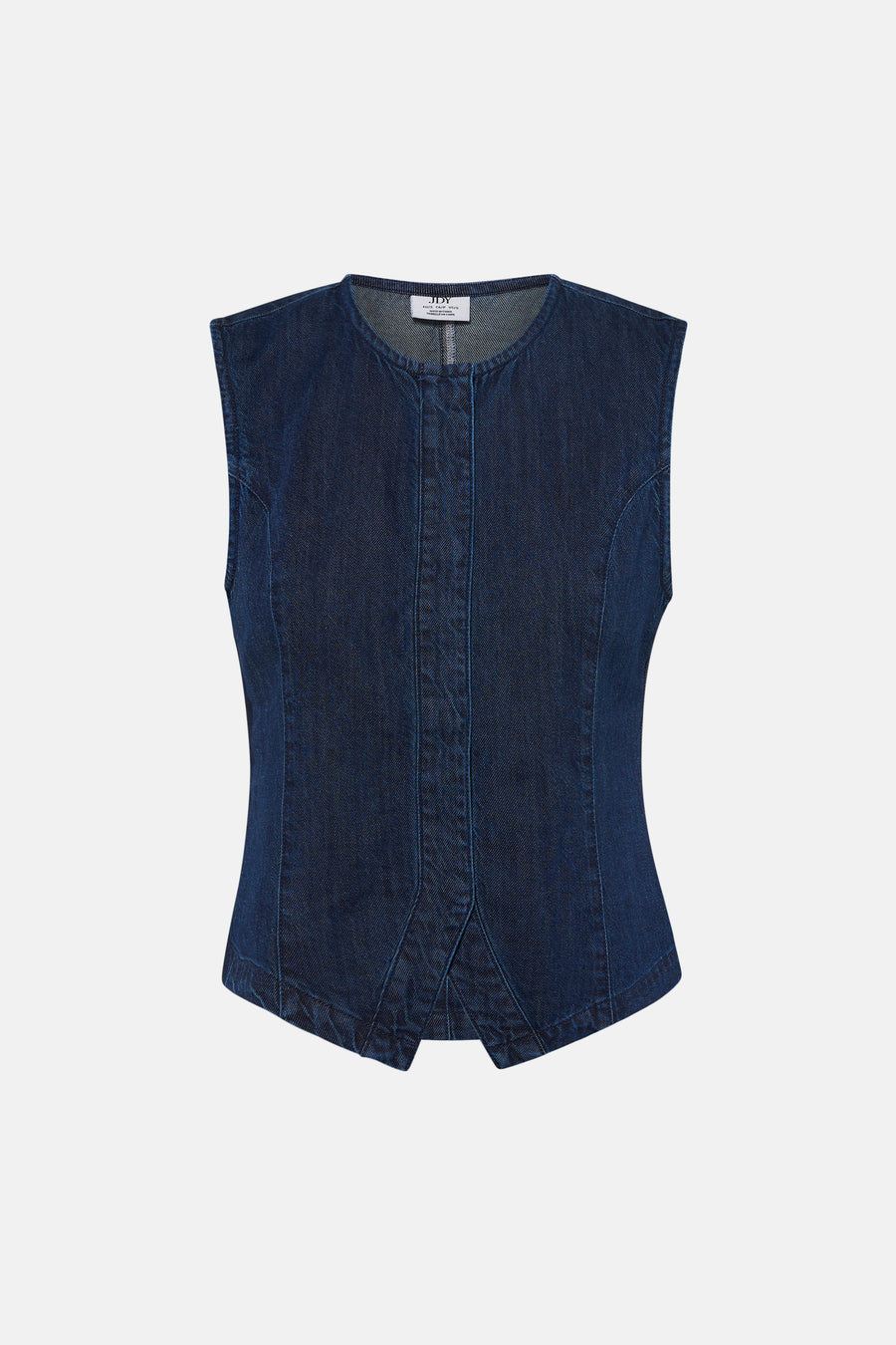 Blouse sans manches en denim bleu foncé de JDY avec col rond, coutures verticales et petites fentes à l'avant.
