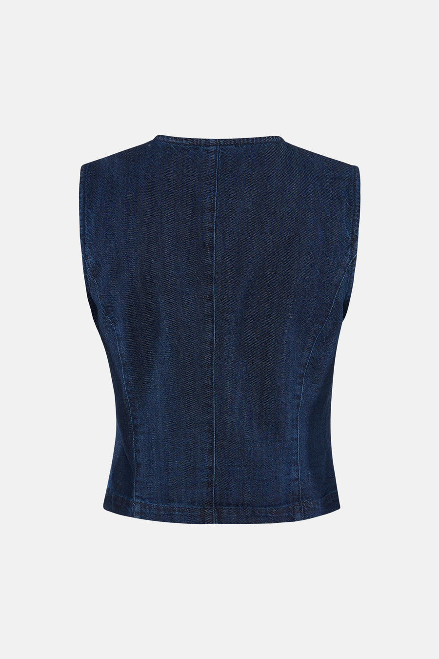 Chemisier en jean sans manches bleu foncé de JDY, vue de dos avec couture verticale.