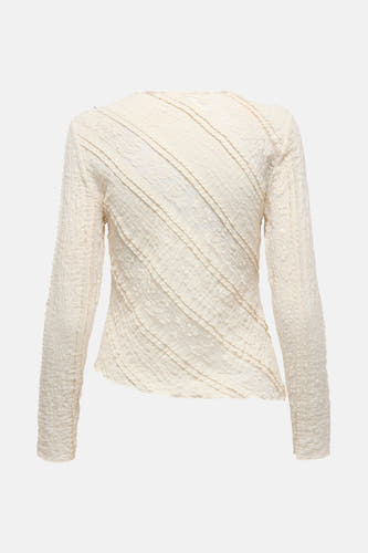 T-shirt beige à longues manches de ONLY, avec une texture diagonale rayée et un motif de bordure subtil.