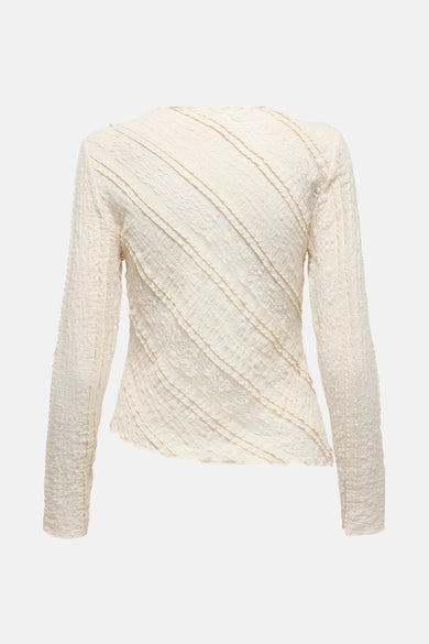 Beige top met lange mouwen van ONLY, met een diagonale gestreepte textuur en een subtiel kantpatroon.