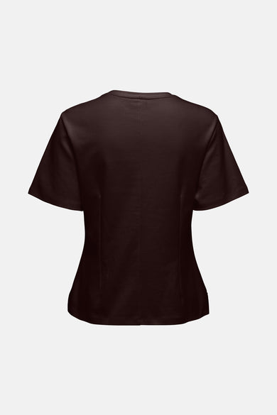 Bruin T-shirt met korte mouwen van JDY, met een subtiele, getailleerde pasvorm op een witte achtergrond.