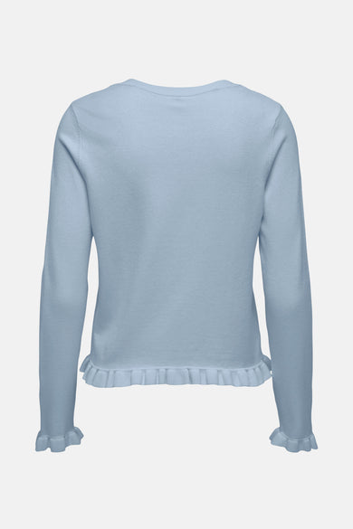 Blauw vest van ONLY met lange mouwen en ruches aan de onderkant en mouwuiteinden.