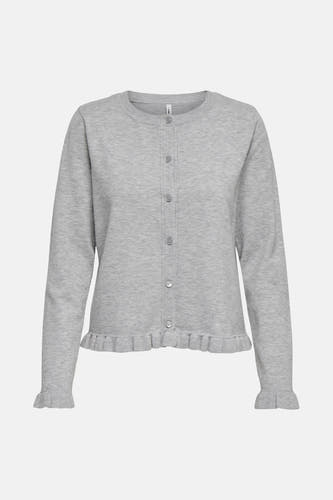 Grijze cardigan van ONLY, met lange mouwen, knoopsluiting en een subtiele ruffle aan de onderkant en mouwuiteinden.