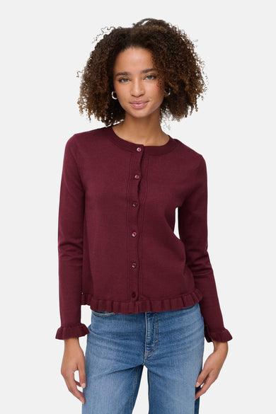Bordeaux cardigan van ONLY, met lange mouwen, knoopsluiting en subtiele ruches aan de onderkant en mouwuiteinden.