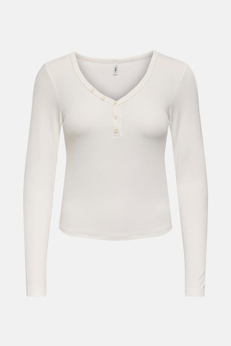 Wit T-shirt met lange mouwen van ONLY, met knoopdetail op de borst.