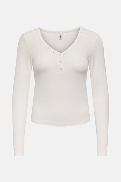 Wit T-shirt met lange mouwen van ONLY, met knoopdetail op de borst.