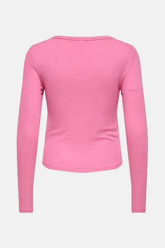 Roze T-shirt met lange mouwen van ONLY, met een fijne ribstructuur en een ronde halslijn op de rug.