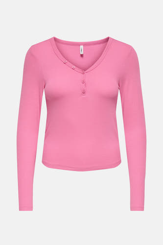 Roze T-shirt met lange mouwen van ONLY, met knoopjes en een ribgebreide textuur.