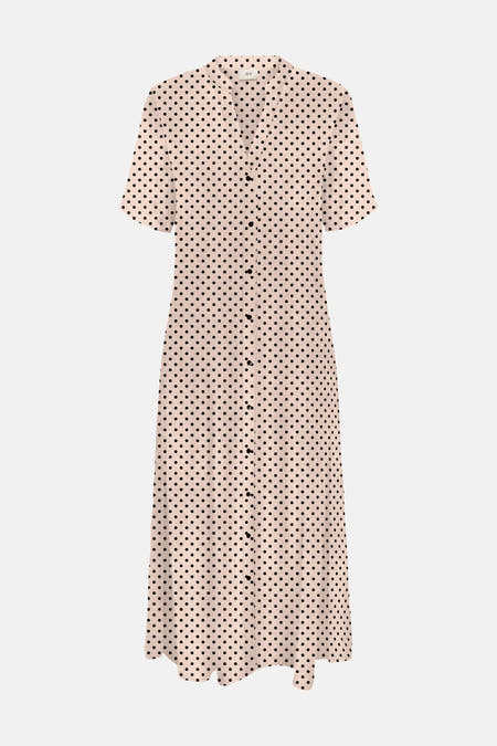 Ecru kleedje met korte mouwen van JDY, voorzien van een zwart stippenpatroon en knoopsluiting.
