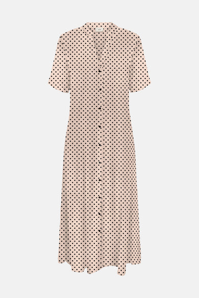 Ecru kleedje met korte mouwen van JDY, voorzien van een zwart stippenpatroon en knoopsluiting.
