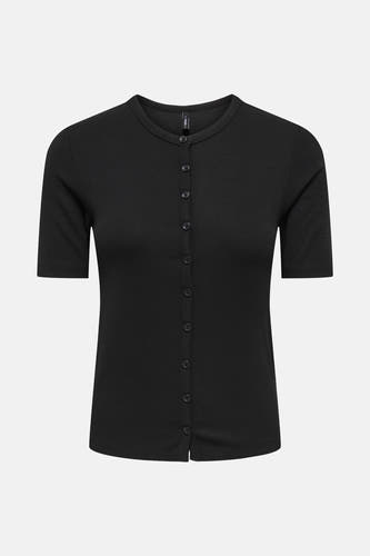 Zwart T-shirt met korte mouwen van ONLY, met knoopsluiting en ribstof textuur.
