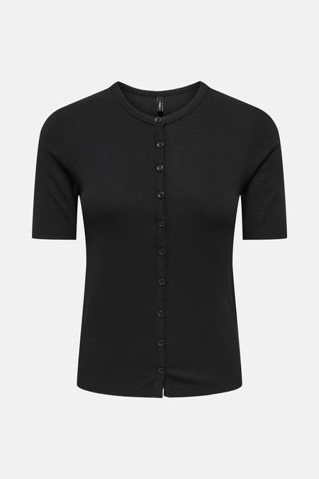 Zwart T-shirt met korte mouwen van ONLY, met knoopsluiting en ribstof textuur.
