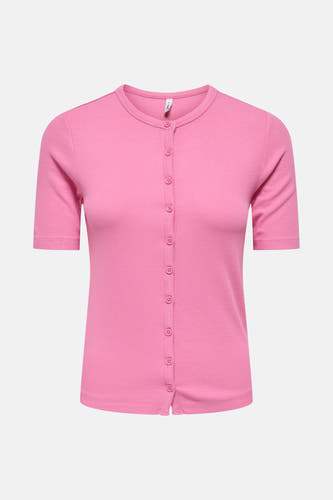 Roze T-shirt met korte mouwen van ONLY, met ribstructuur en knoopsluiting aan de voorkant.