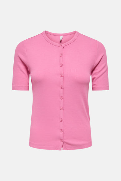 Roze T-shirt met korte mouwen van ONLY, met ribstructuur en knoopsluiting aan de voorkant.