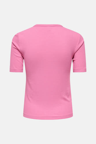 Roze T-shirt met korte mouwen van ONLY, met een fijne ribstructuur.
