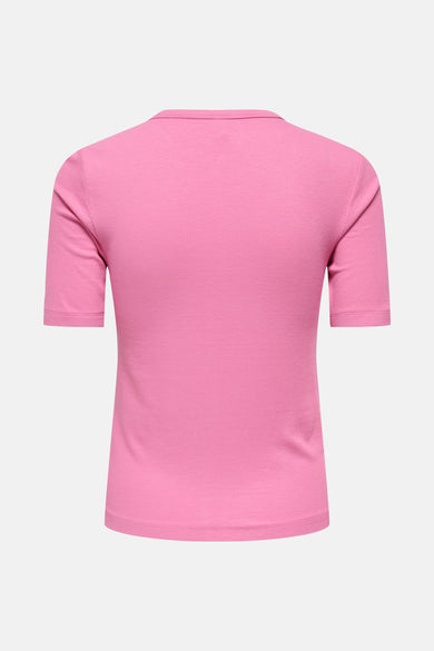 Roze T-shirt met korte mouwen van ONLY, met een fijne ribstructuur.

