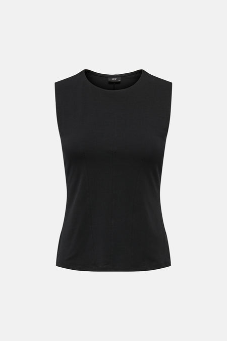 Haut noire sans manches de JDY avec col rond, coupe ajustée et coutures verticales.
