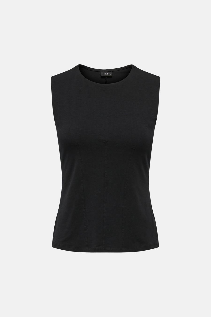 Haut noire sans manches de JDY avec col rond, coupe ajustée et coutures verticales.