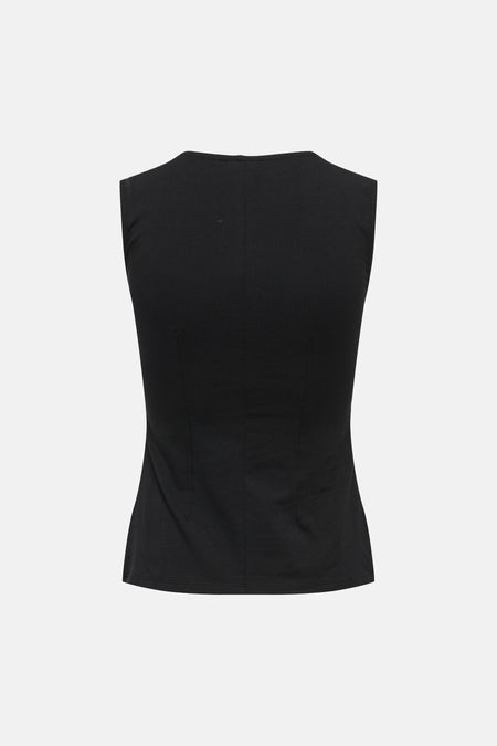 Haut noire sans manches de JDY avec une coupe ajustée et un col rond à l'arrière, vue arrière.