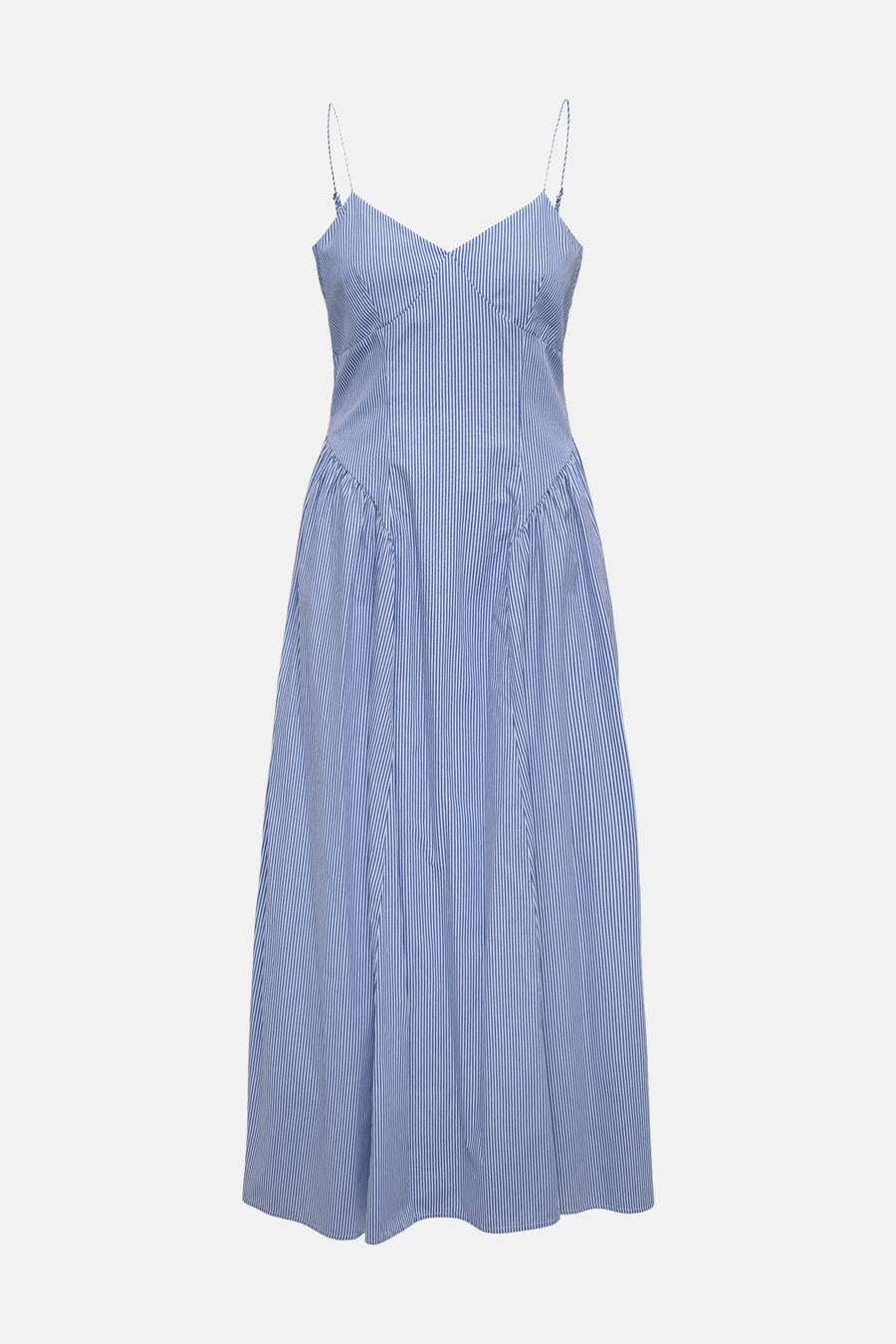 Een blauw gestreept mouwloos jurkje van ONLY® met spaghettibandjes en V-hals, en een wijd uitlopende geplooide rok.