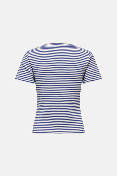 Blauw gestreept T-shirt met korte mouwen van ONLY, met fijne ribstructuur.
