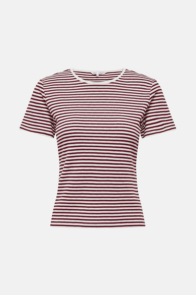 Bordeaux gestreept T-shirt met korte mouwen van ONLY met witte accenten bij de hals en mouwen.
