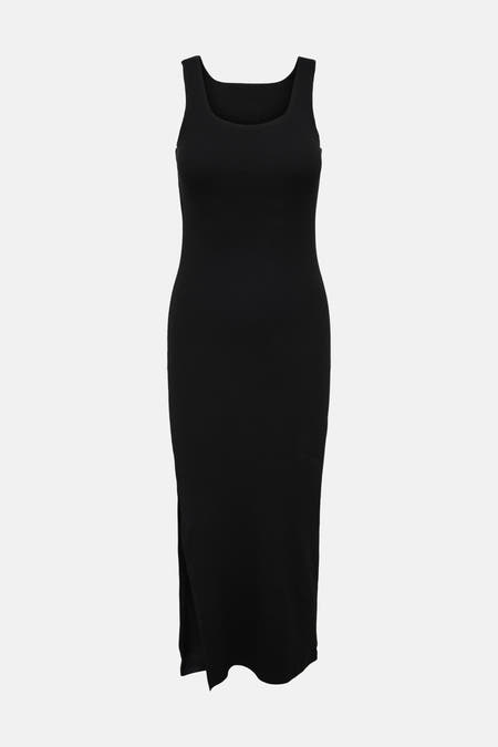 Robe noire sans manches ONLY® en maille côtelée longueur midi avec encolure carrée et fente latérale.