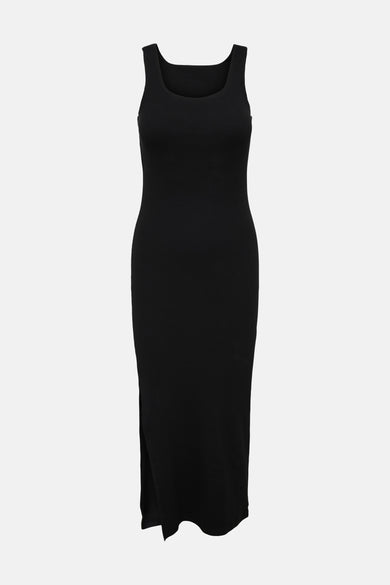 Robe noire sans manches ONLY® en maille côtelée longueur midi avec encolure carrée et fente latérale.
