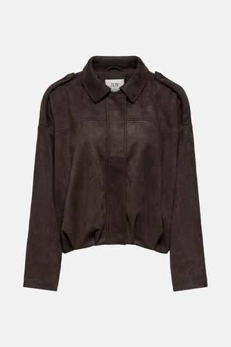Donkerbruin suèdeachtig jasje met kraag.