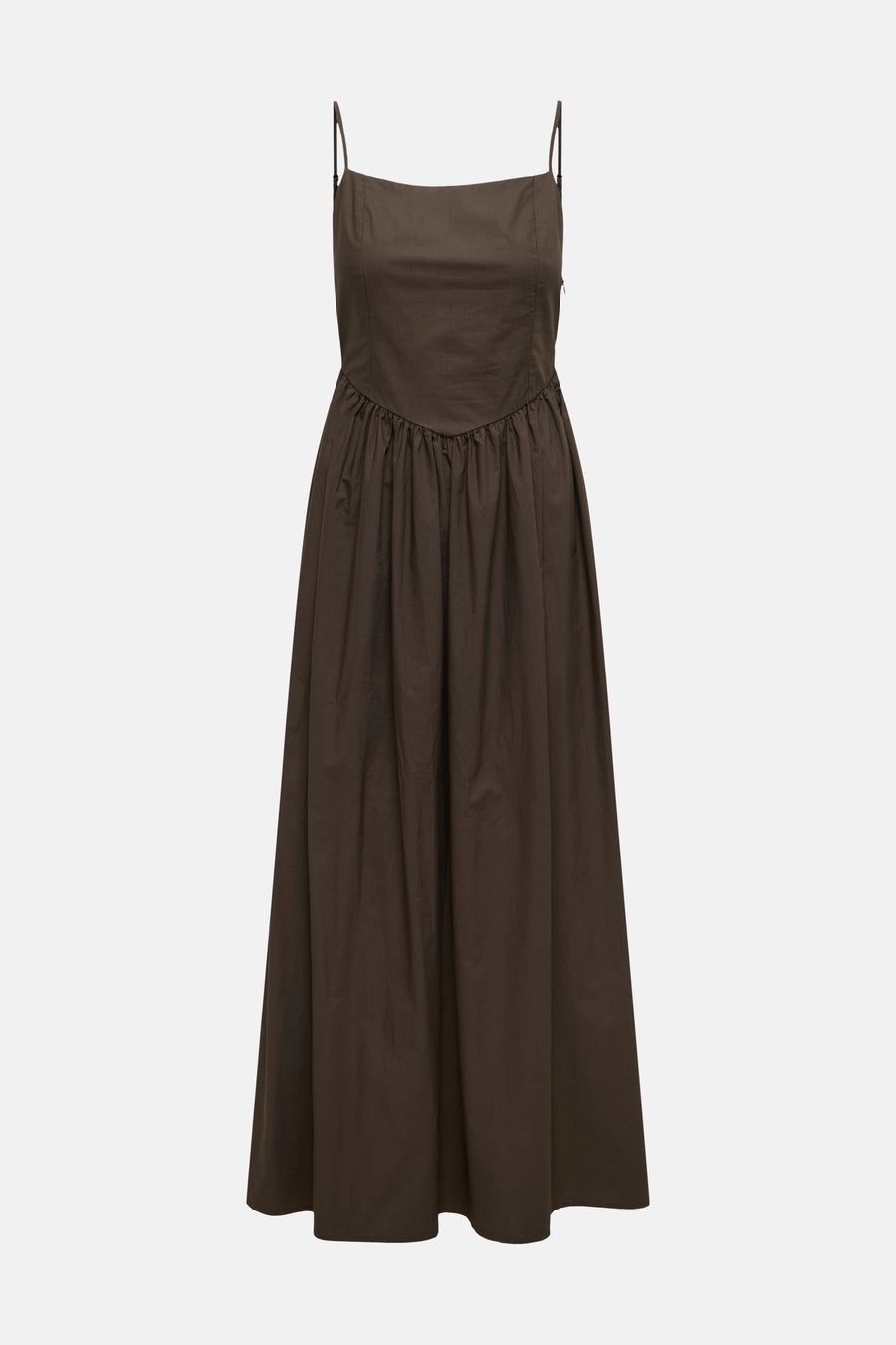 Robe marron sans manches ONLY® avec bretelles spaghetti, encolure carrée et jupe longue plissée.