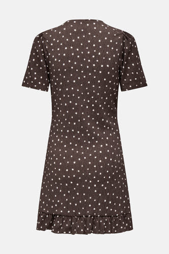 Robe marron foncé ONLY® à manches courtes bouffantes, pois blancs, volants à l'ourlet et col en V dans le dos.