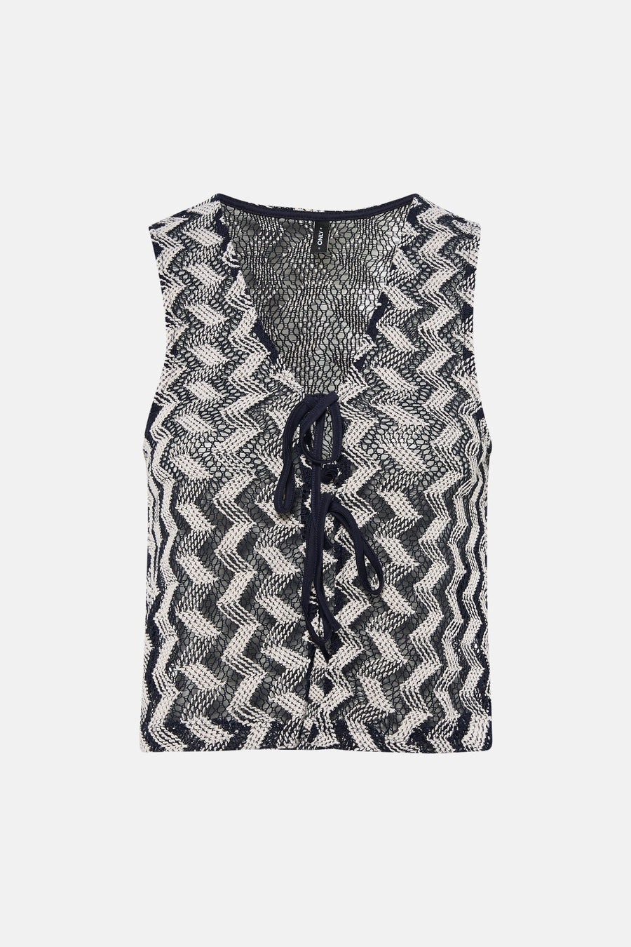 Multicolor gehaakt gilet van ONLY® met opengebreid zigzagpatroon en striksluiting aan de V-hals.