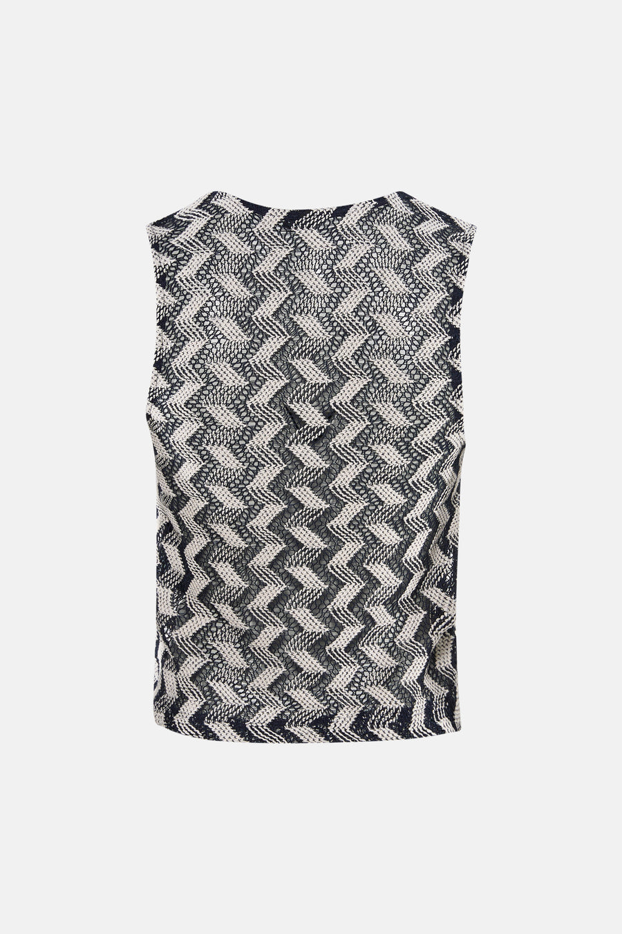 Mouwloos gilet met zwart-wit zigzaggpatroon van ONLY®, gezien vanaf de achterkant.