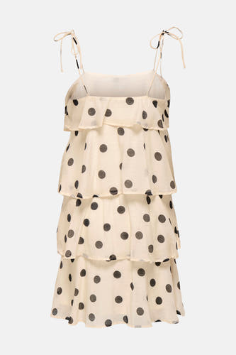 Robe écru de JDY avec pois noirs, volants superposés et liens à nouer au dos.