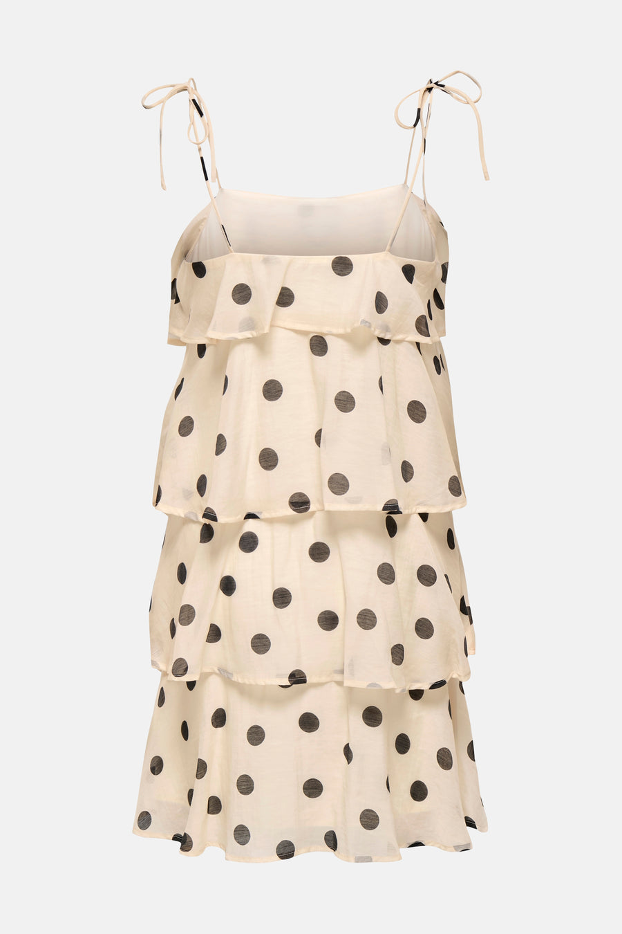 Robe écru de JDY avec pois noirs, volants superposés et liens à nouer au dos.