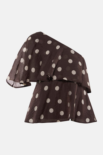 Bruine blouse met korte mouwen van JDY, van semi-transparante stof met witte stippen, een one-shoulder model en ruches.