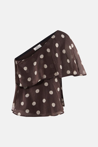 Bruine blouse met korte mouwen van JDY, off-shoulder en gelaagd, met witte stippen op doorschijnende stof.